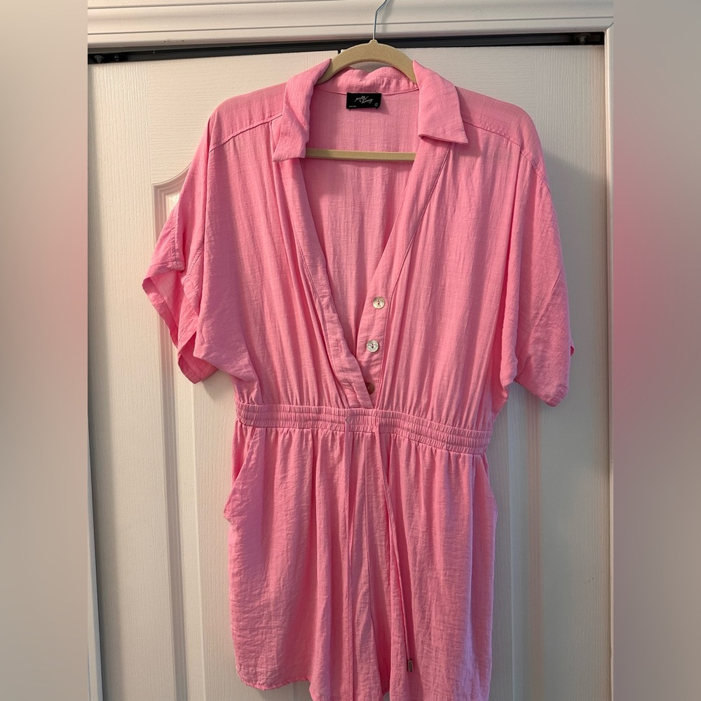 Pink Short-Sleeve Elastic Waist Jumpsuit Playsuit - Large